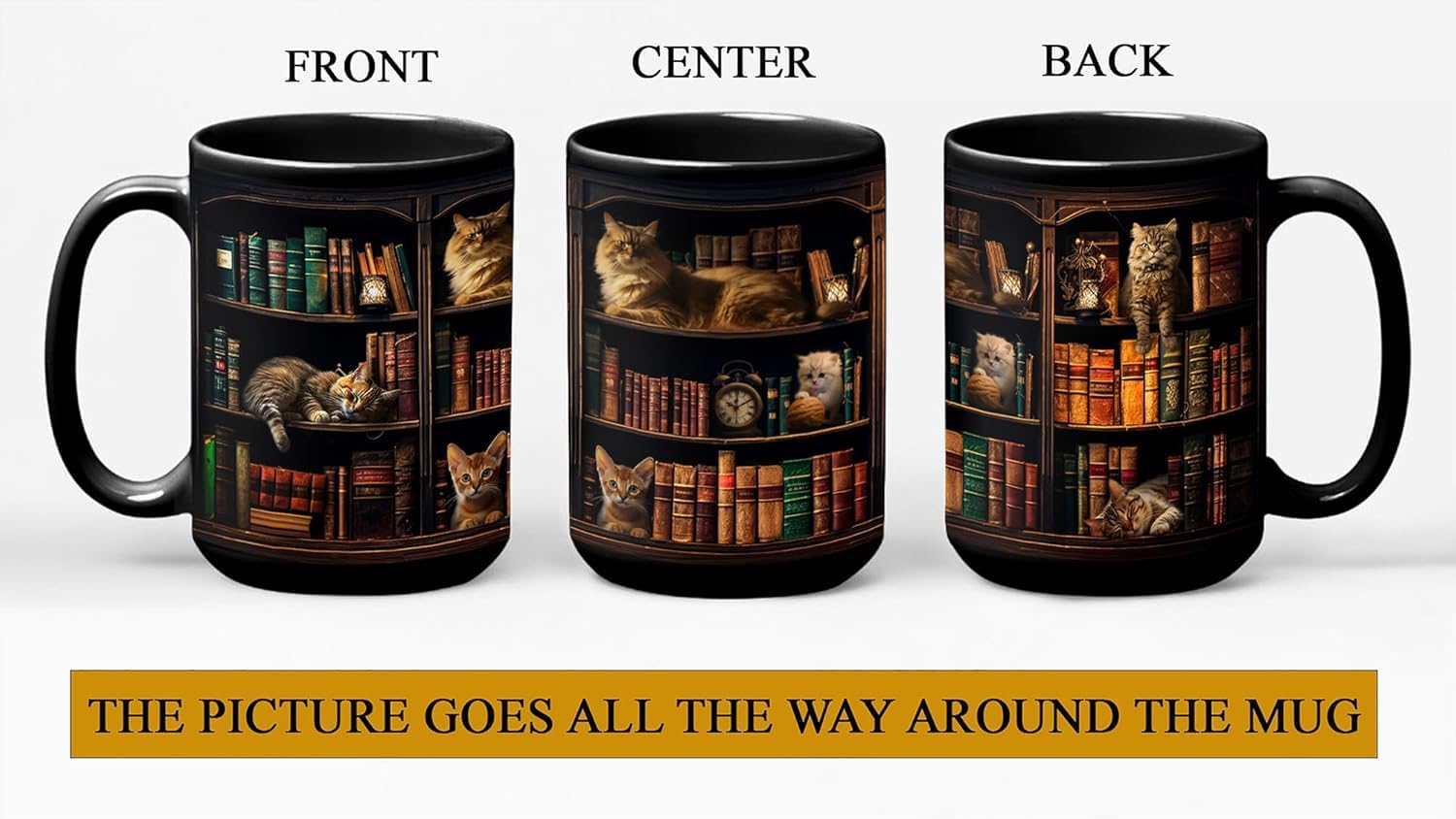 Cat Book Mug Book Lovers Gifts for Readers - Books Lover Bookish Gifts for Bookworm Women - Library Bookshelf Mug - Best Gift for Cat Lover - Reading Writer Women Black Coffee Cup 11oz