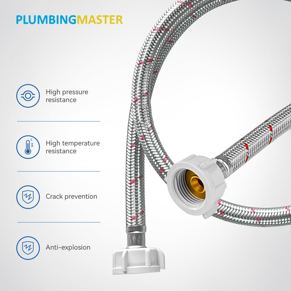 PLUMBINGMASTER Stainless Steel Washing Machine Supply Lines, Universal Braided Hoses, 4FT, 2 Pack (Red Blue, No Elbow)