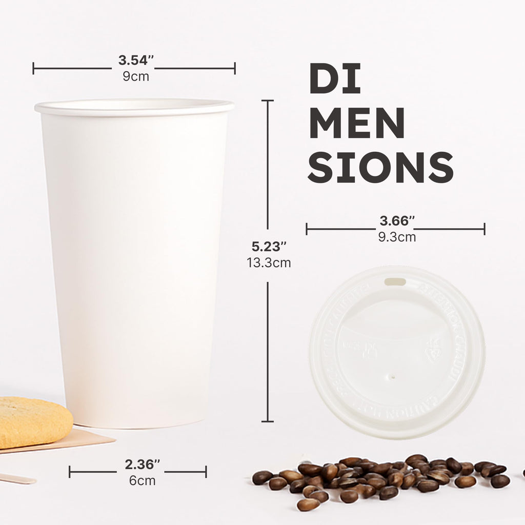 16oz Disposable Coffee Cups with Lids and Sleeves – Set of 100 Disposable Cups for Hot and Cold Drinks – White Paper Cups with Lids and Covers for Thermal Protection – 100 Units, 16oz Each