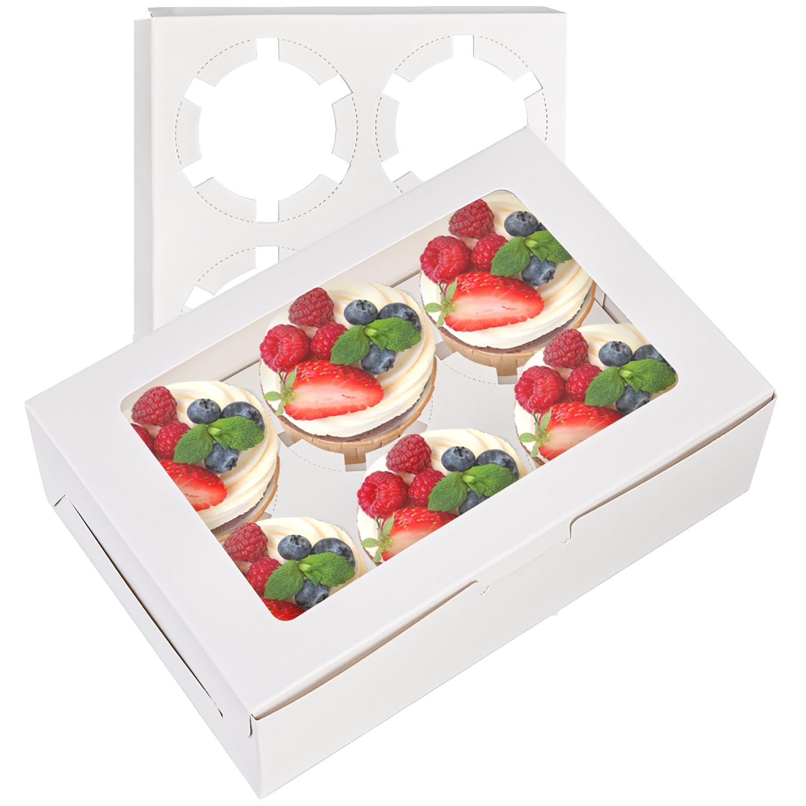 Jucoan 50 Pack Cupcake Box with Insert and Window Hold 6 Standard Cupcakes Muffins, Food Grade Cupcake Carrier Container, White Bakery Package Box for Pastry, Cookies, Small Cake, Party Dessert