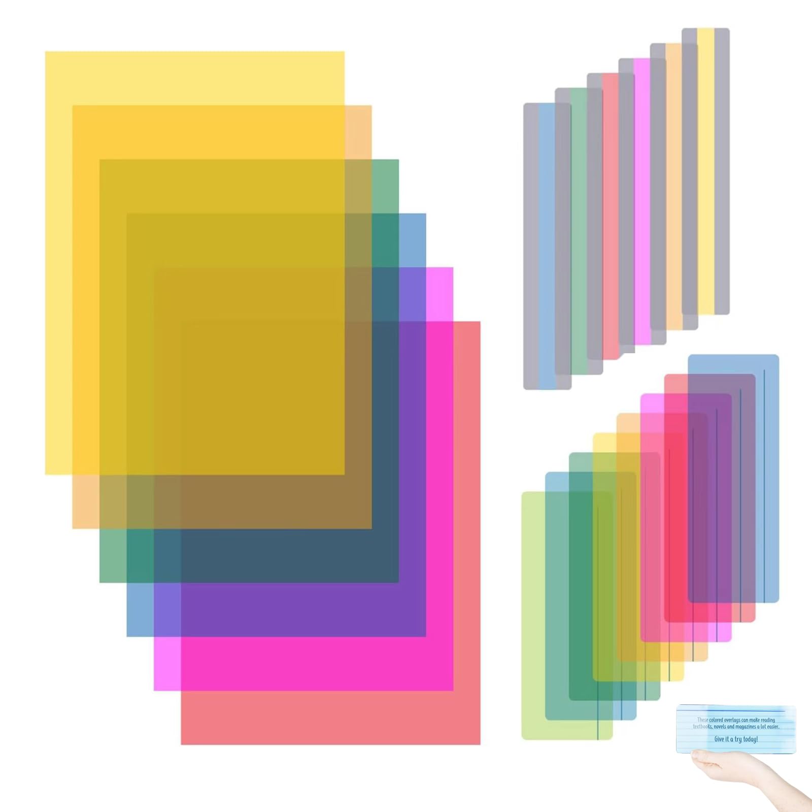 Dyslexia Reading Tools for Kids – 20PCS PET Colored Overlay Sheets in 3 Sizes (6 Large 210×297mm, 8 Medium 70×190mm, 6 Small 32×190mm) – Transparent Filters in 6 Bright Colors for Visual Str