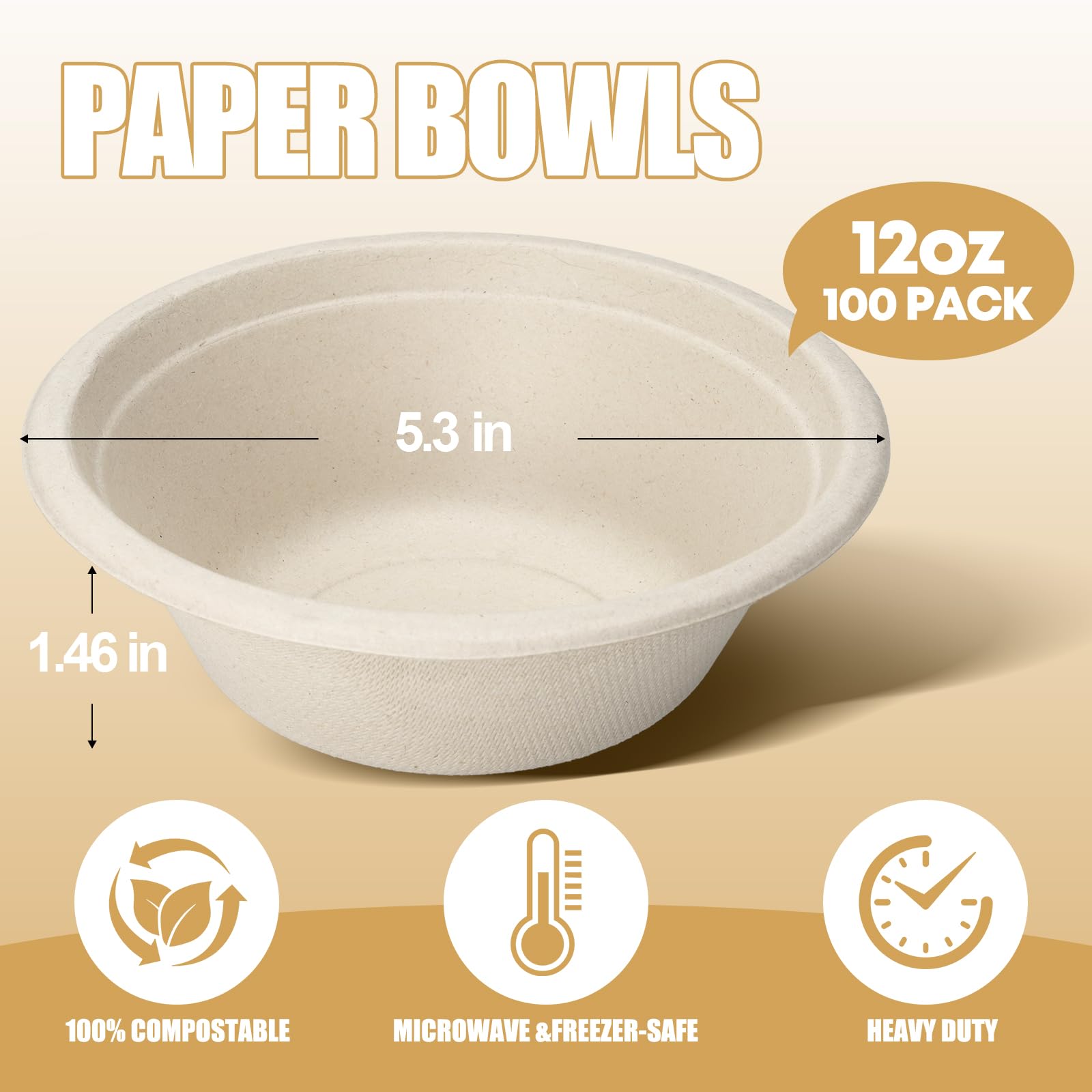 TaidMiao 12 oz Disposable Biodegradable Paper Bowls, Microwave Safe Sugarcane Fiber Bowls for Hot Soup Salads Fruit, Eco-Friendly Brown Bowls for Parties & Daily Use, 100 Count