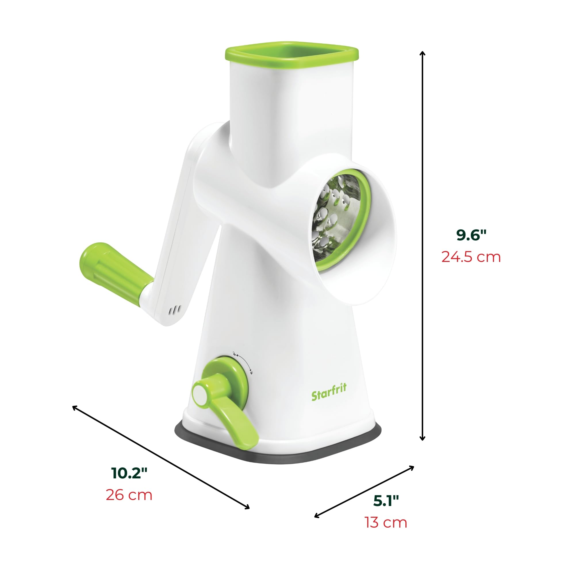 Starfrit Rotary Drum Grater, 4 Interchangeable Stainless Steel Drums, Slicing, Coarse and Fine Grating, Ice Shaving, Great for Vegetables, Cheese, Nuts, Chocolate, Easy to Use Hand Crank