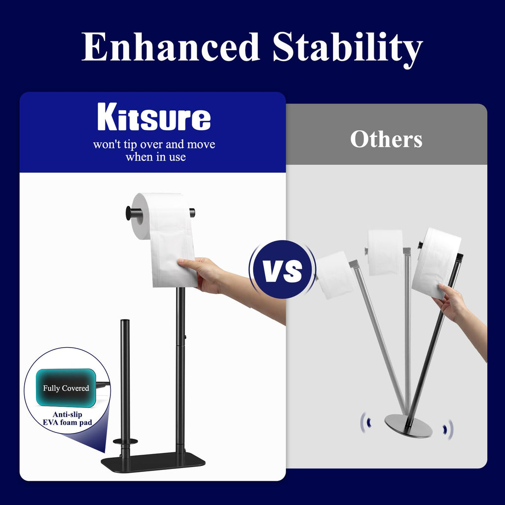 Kitsure Toilet Paper Holder - Large Capacity Standing Toilet Paper Holder for 4 Rolls, Rustproof Roll Storage Stand with Non-Slip Stable Base for Bathroom, Black，Large
