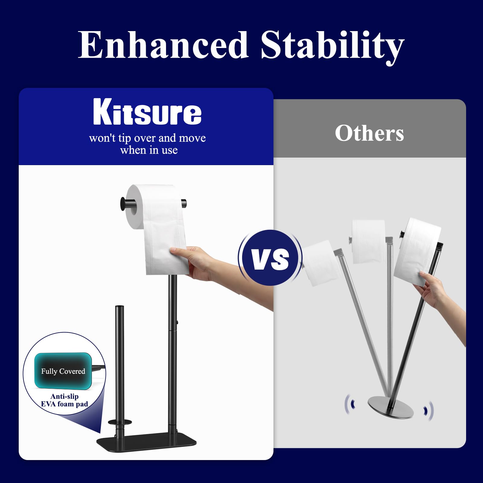 Kitsure Toilet Paper Holder - Large Capacity Standing Toilet Paper Holder for 4 Rolls, Rustproof Roll Storage Stand with Non-Slip Stable Base for Bathroom, Black，Large