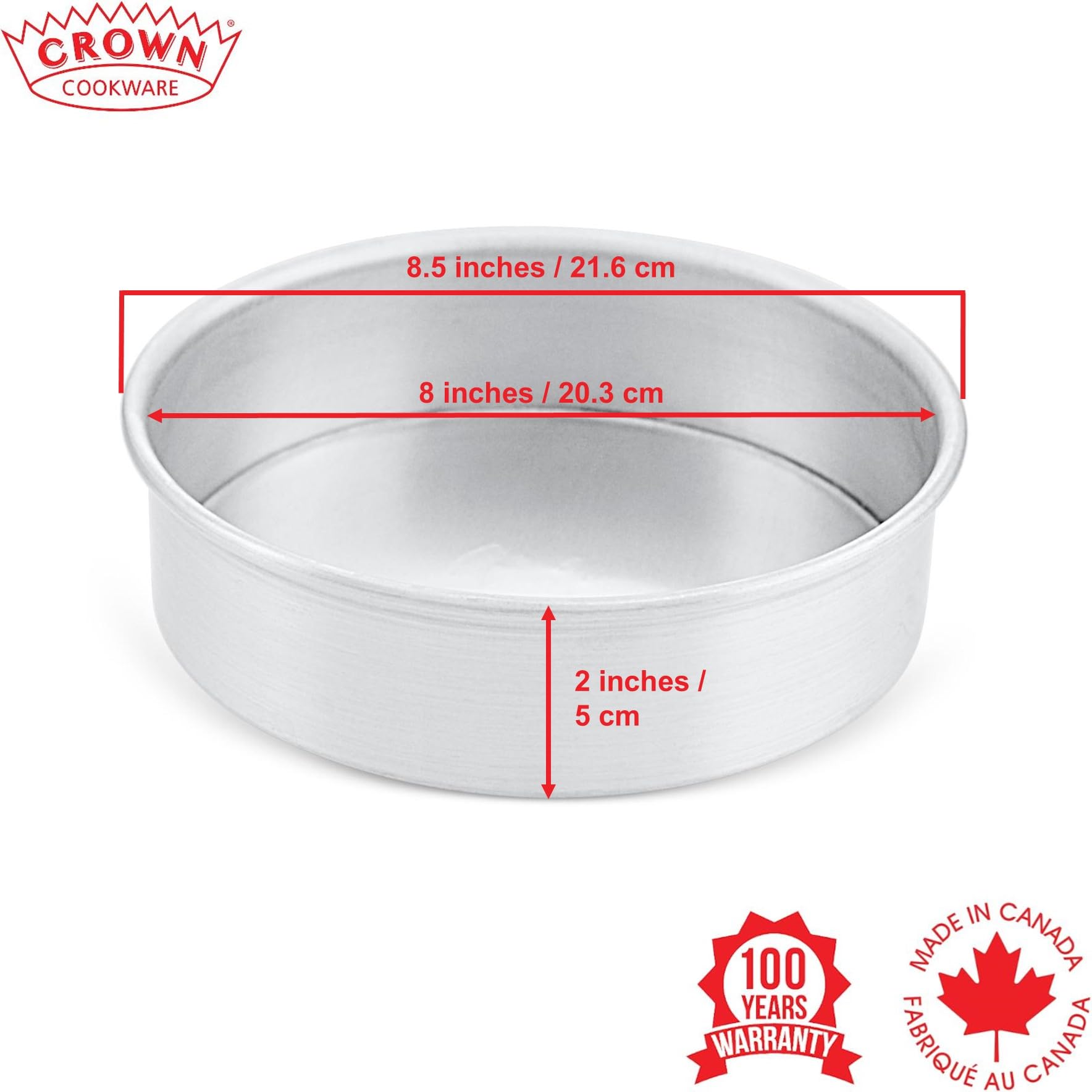 Crown 8 inch Cake Pans, 2" Deep, Set of 2, Heavy Duty, Even-Heating, Pure Aluminum, 20 cm Cake Pan