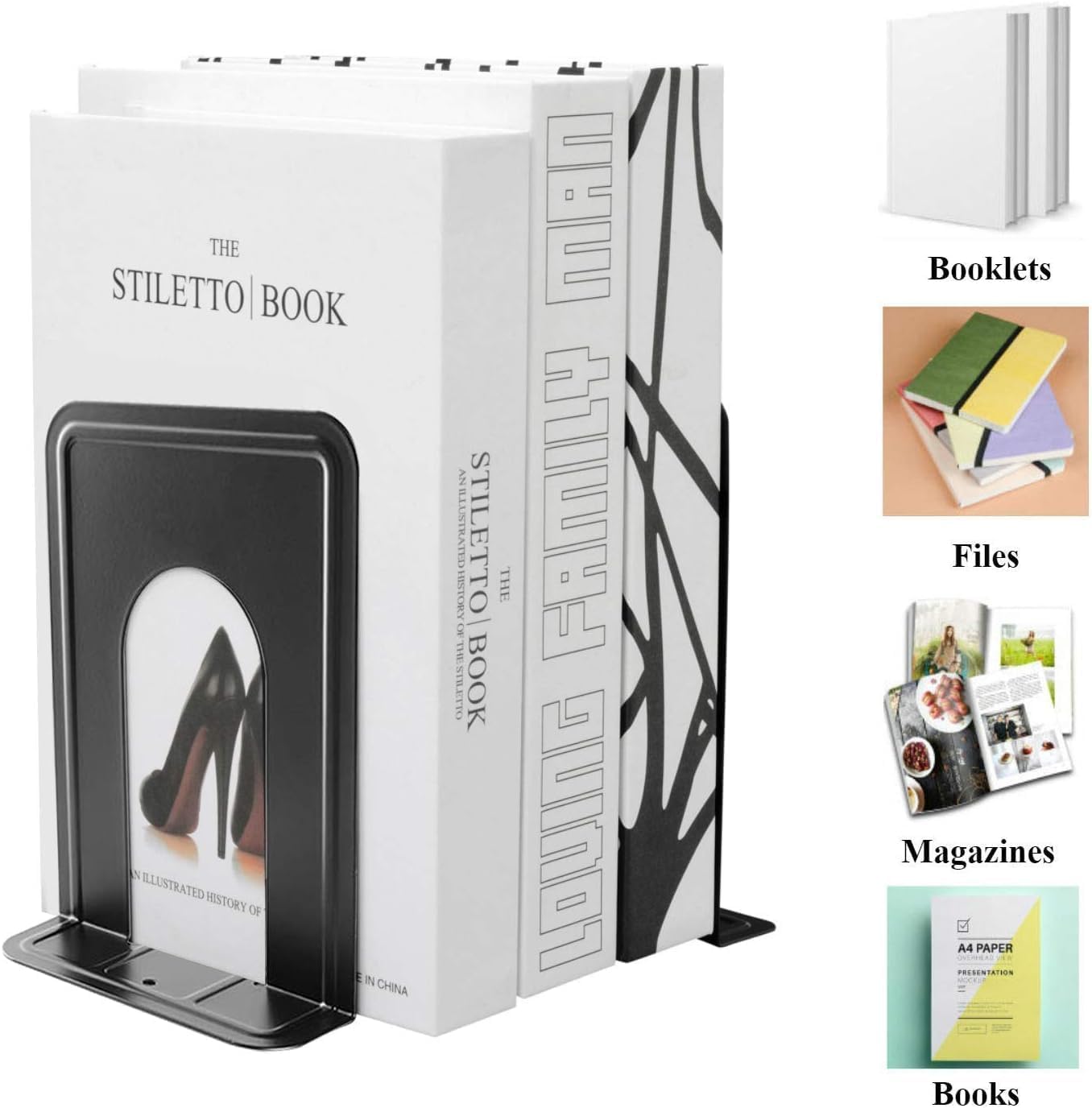 Qualsen Book Ends for Shelves Bookends Heavy Duty Metal Bookends Book Organizer Anti Slip Bookend Book Holders Stand 6.7 x 4.9 x 5.8inch, Black, 4 Pairs