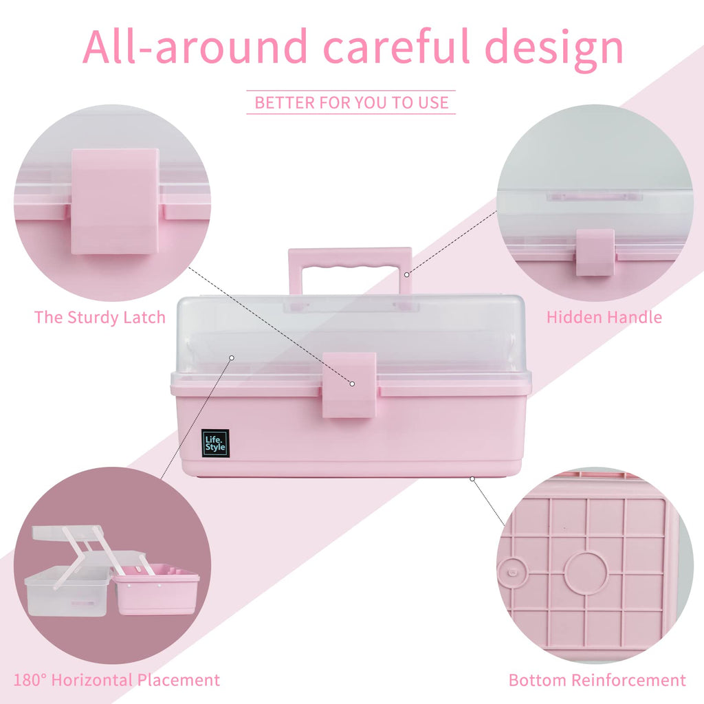 Creahaus 34cm Art Craft Organizer Storage Box with 3 Layers, Multifunctional Plastic Tool Box with Handle for Sewing, Makeup, Medicine, Nail, Hair Accessories (Pink)