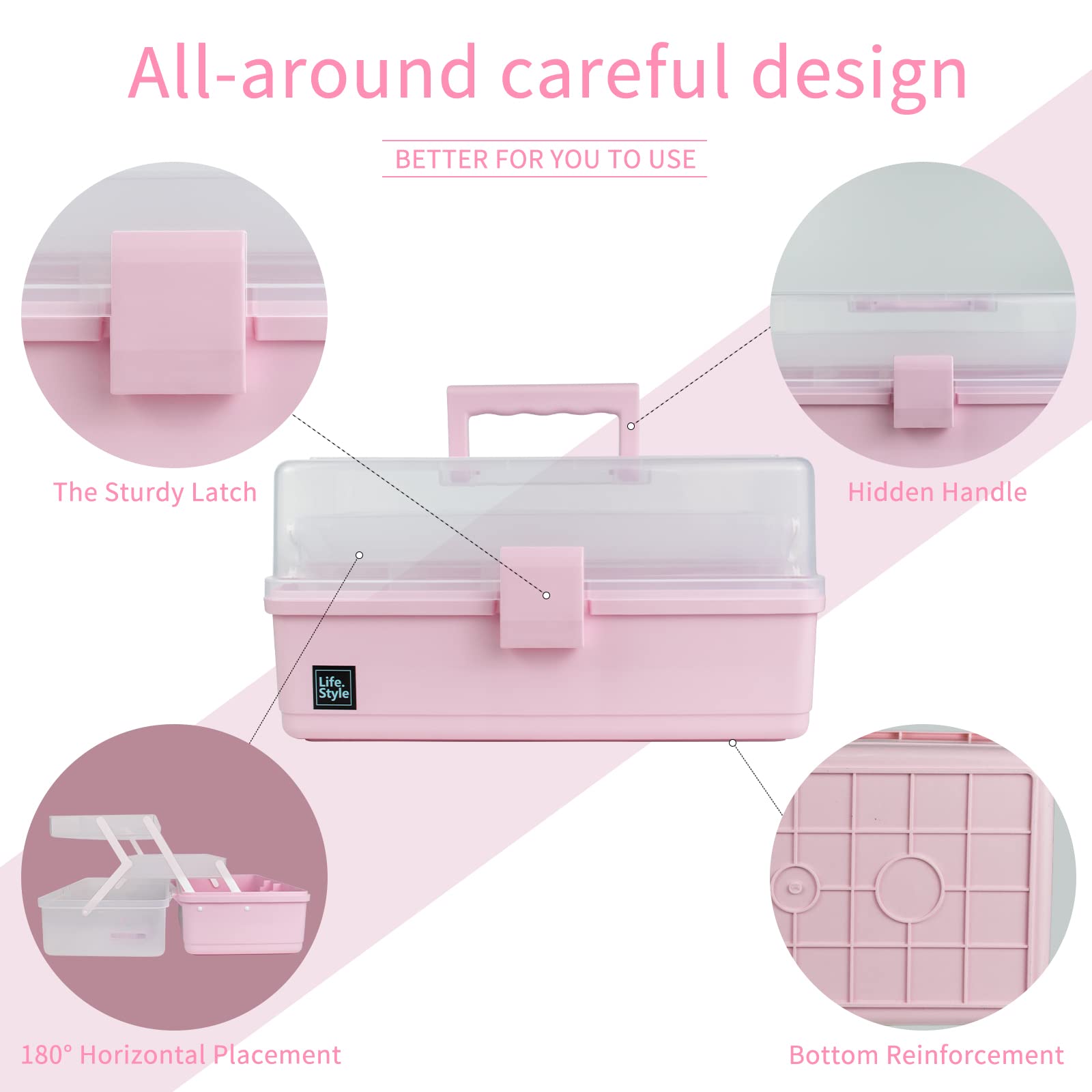 Creahaus 34cm Art Craft Organizer Storage Box with 3 Layers, Multifunctional Plastic Tool Box with Handle for Sewing, Makeup, Medicine, Nail, Hair Accessories (Pink)