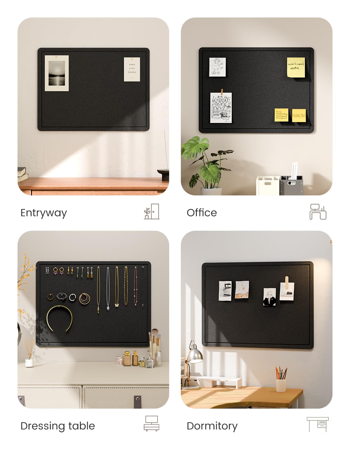 Fluxynara Bulletin Board, 23.6" x 17.5" Cork Board Alternative with 12 Safe Removable Adhesive Tabs, Foldable Felt Pin Board for Home Office, Classroom, Bedroom,Entryway for Walls— Black