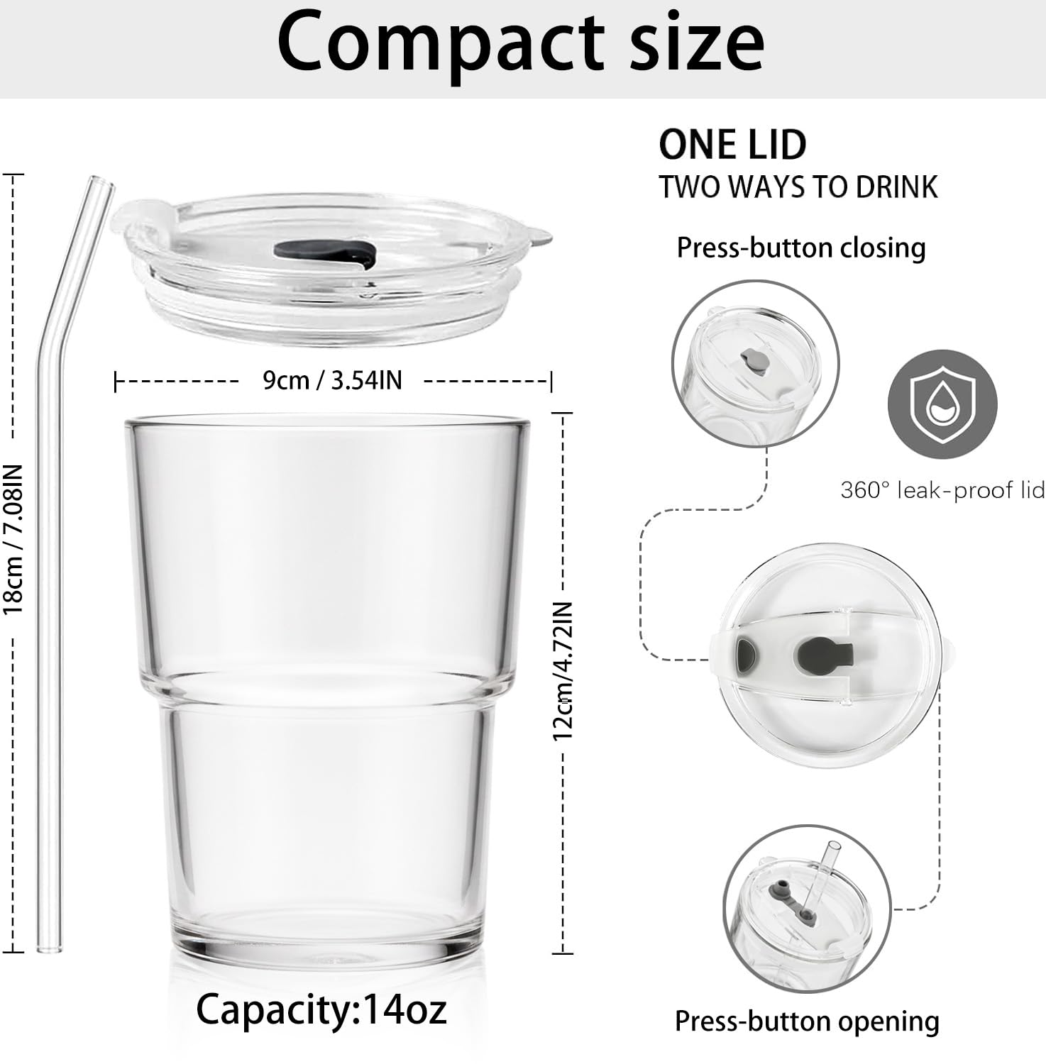 14oz Iced Coffee Cup, 4 Pack Glass Tumblers with Straws and Lids, Small Glass Matcha Cups, Reusable Thickened Glassware Set for Iced Tea, Soda, Smoothies, Cocktails