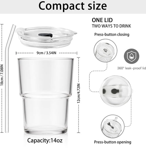 14oz Iced Coffee Cup, 4 Pack Glass Tumblers with Straws and Lids, Small Glass Matcha Cups, Reusable Thickened Glassware Set for Iced Tea, Soda, Smoothies, Cocktails