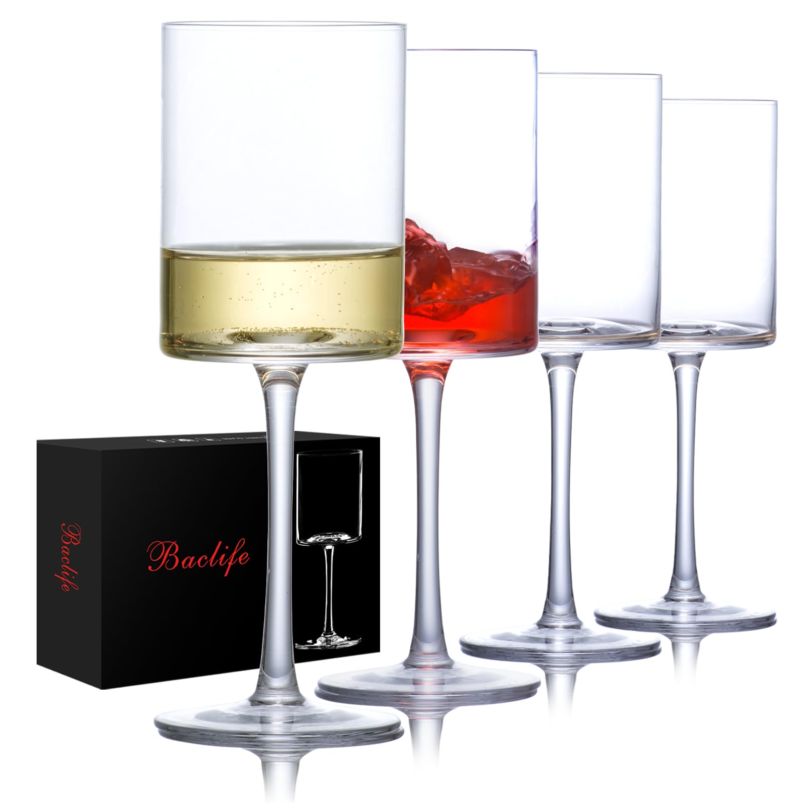 BACLIFE Wine Glasses Set of 4 - Hand Blown Wine Glass 15oz in Gift Packaging - Large White Wine Glass on Long Stem - Unique Modern Shape - for Wedding, Anniversary, Mother’s Day