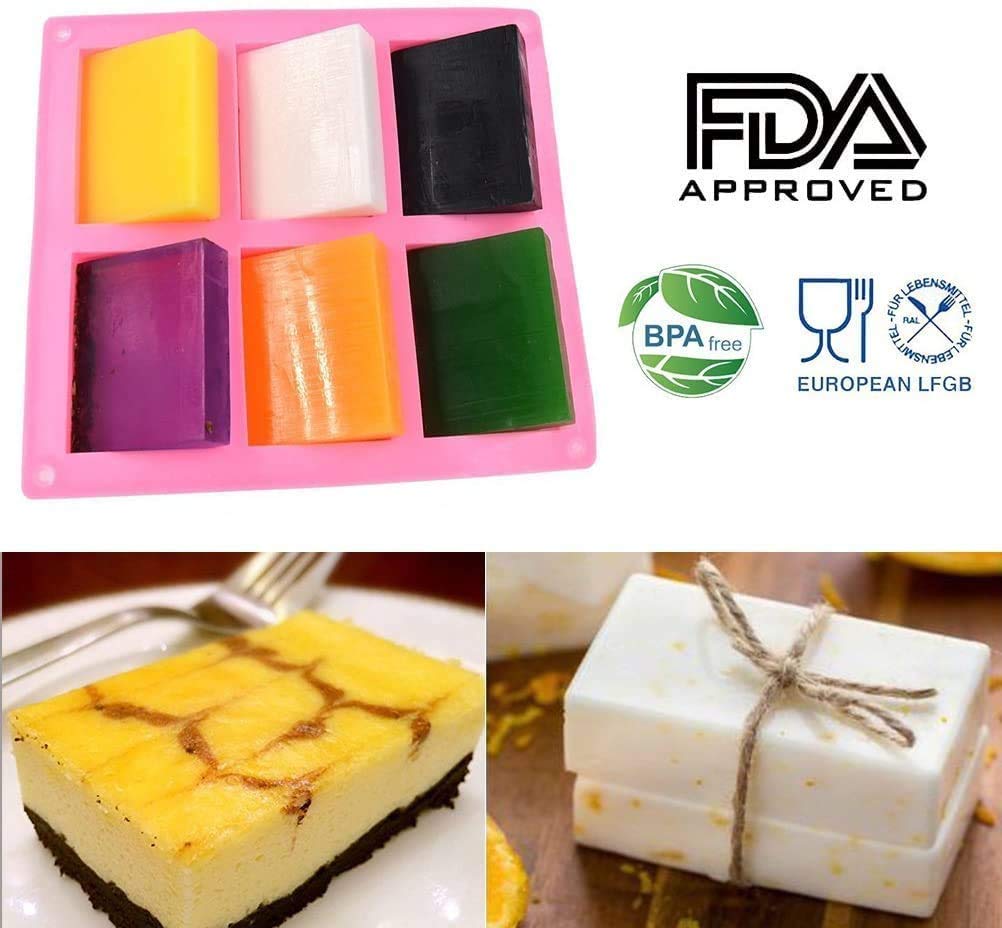 4 Pack Rectangle Silicone Molds, 6 Cavities Silicone Soap Molds Silicone Baking Mold Cake Pan for Soap Making, Cake Mold, Chocolate Mold ＆ Ice Cube Tray (Purple ＆ Pink)