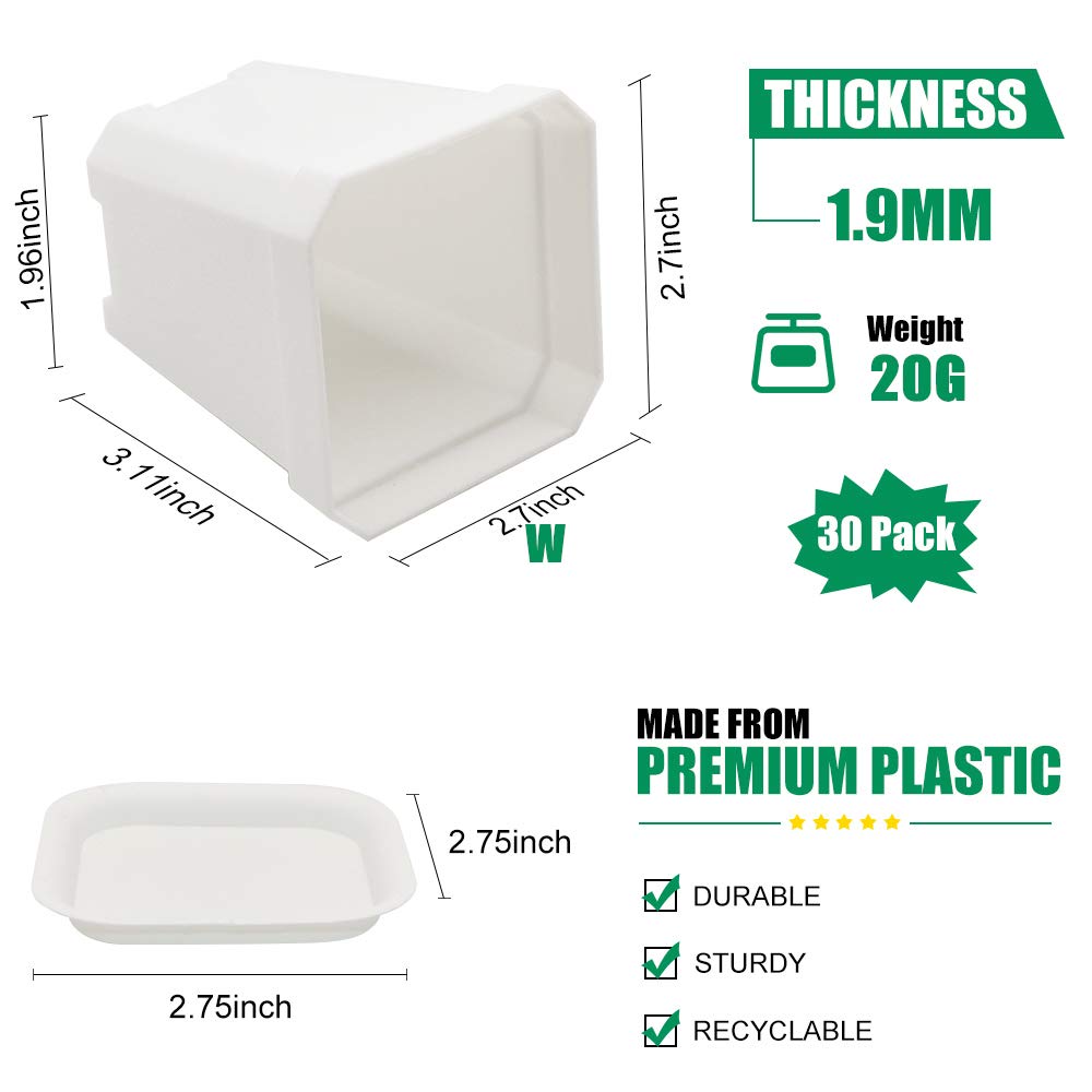 Foxany 30 Pcs 3" Plants Nursery Pot, Thick Plastic Square Flower Planting Pots, Plant Seedling Pots, 30 Seed Starting Pots with 30 Saucers -White