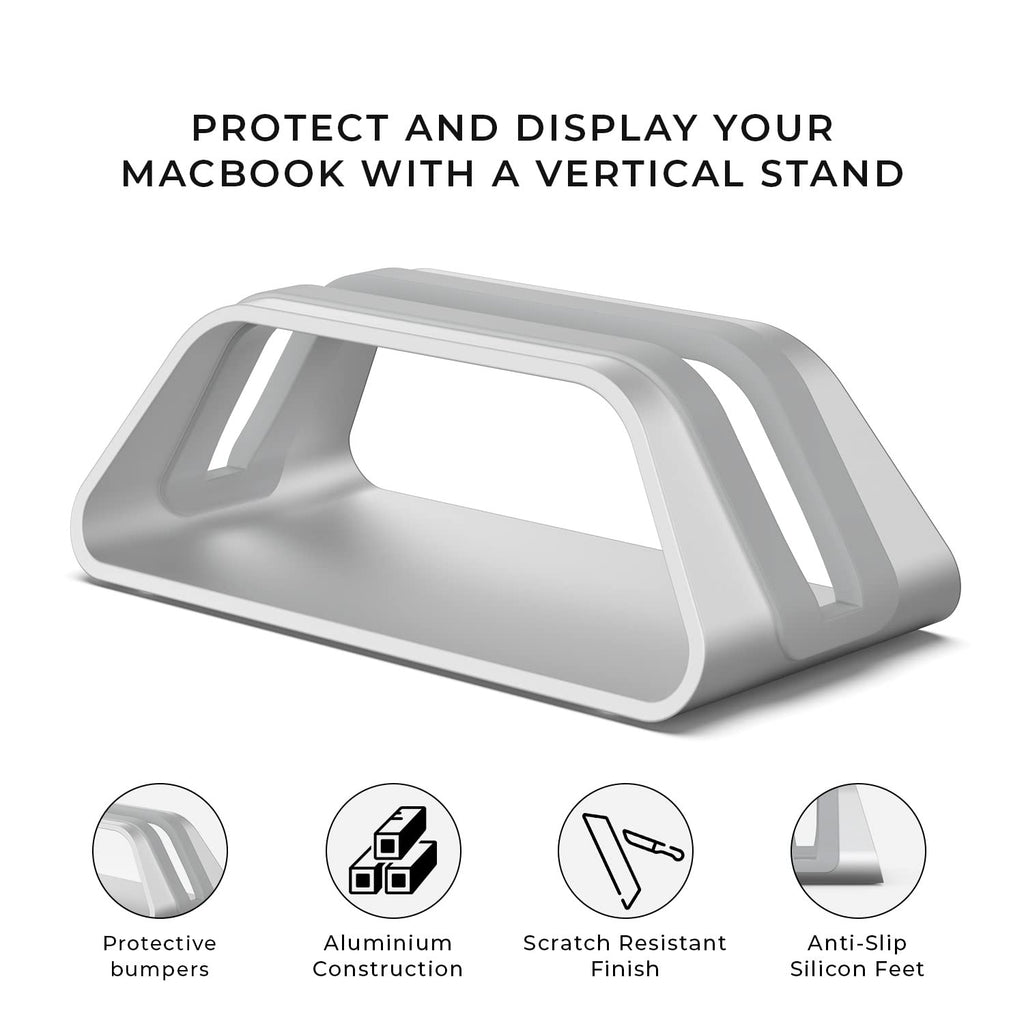 HumanCentric Vertical Laptop Stand Compatible with MacBook Pro and MacBook Air, Holder for Personal Computer Desk Stand, Aluminium, Exchangeable Inserts to Fit Different Device Models, Silver