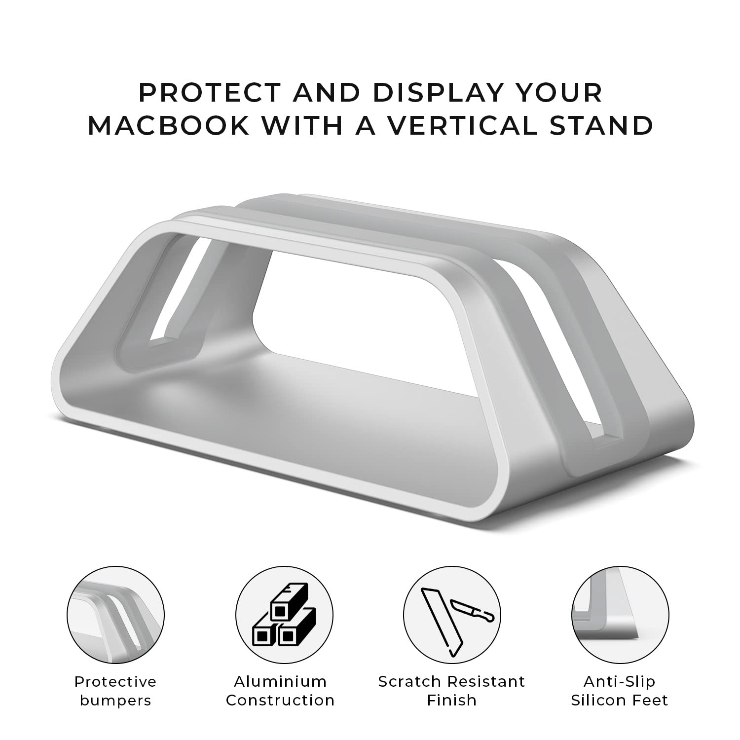 HumanCentric Vertical Laptop Stand Compatible with MacBook Pro and MacBook Air, Holder for Personal Computer Desk Stand, Aluminium, Exchangeable Inserts to Fit Different Device Models, Silver