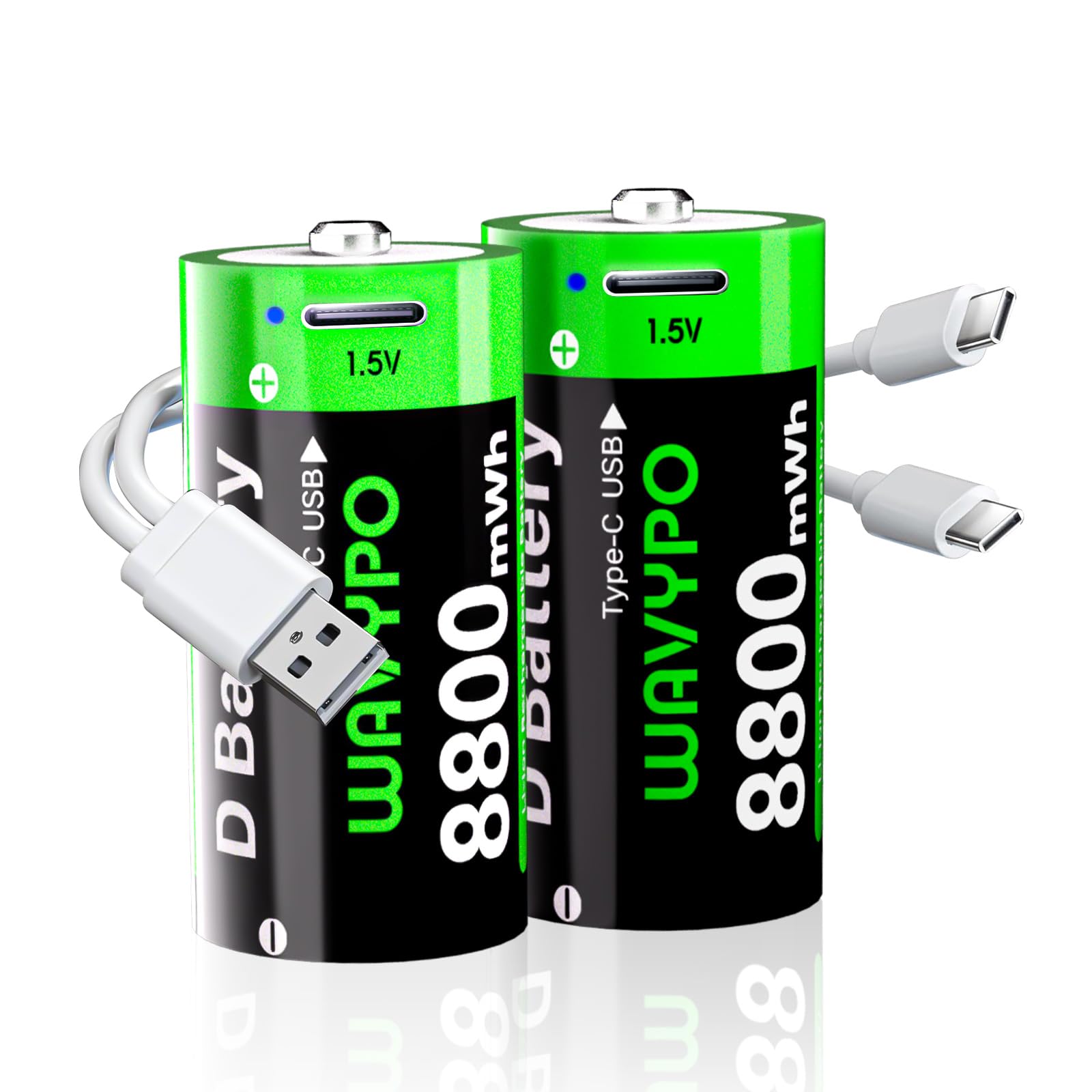 WAVYPO Rechargeable Lithium D Batteries 2 Pack, 8800mWh High Capacity D Cell Batteries with 2 in 1 USB-C Charging Cable