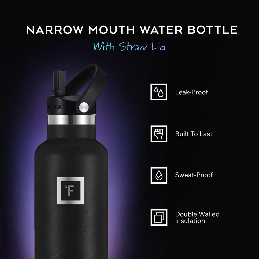 IRON °FLASK Camping & Hiking Hydration Canteen - 24/32 oz with 3 Lids - Insulated Water Bottle with Straw - Double Walled Stainless Steel - Vacuum Leak Proof BPA Free - Travel Sports Gym Flask