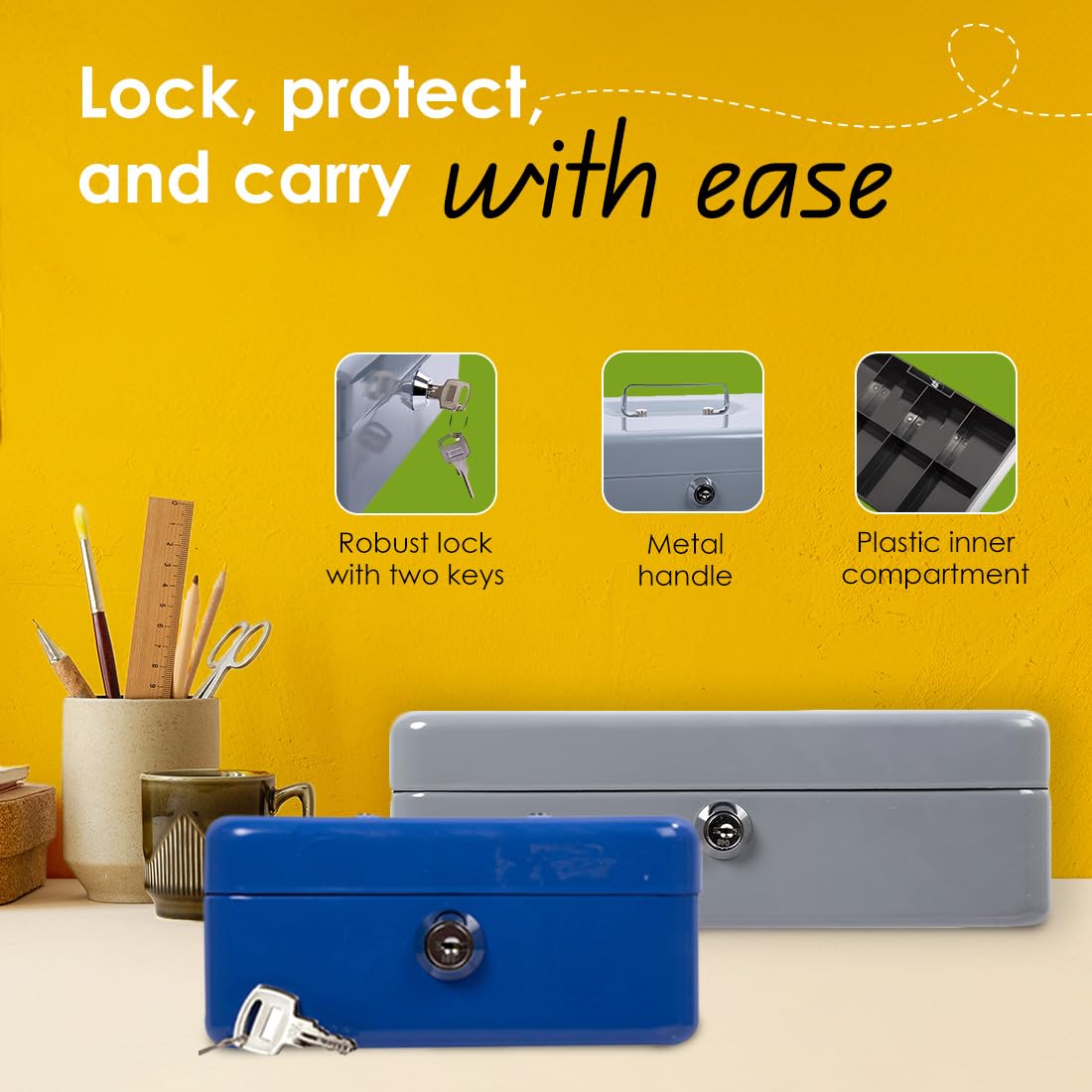 Desk Tech Heavy-Duty Metal Cash Box with Lock, 8-Slot Removable Tray, Portable Safe Box for Office Desk, School, Small Business, and Yard Sale, 9.8” L x 6.9” W x 3” H, Gray
