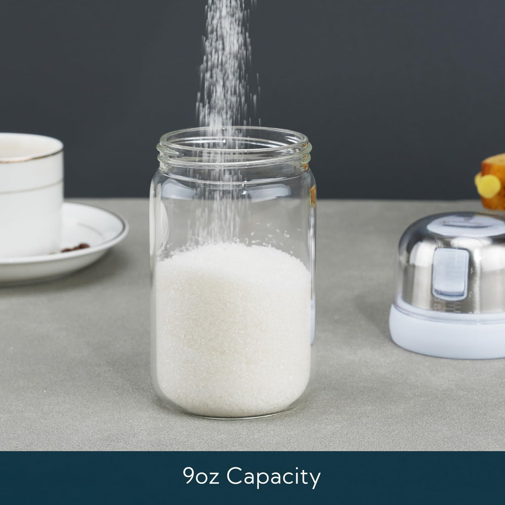 KITCHENDAO Glass Sugar Dispenser with Side Pour Spout,Built-in Lid to Slow Down Dampness with Mearsuring Marks, Elegant Borosilicate Glass Sugar Shaker,BPA Free,9oz (White)