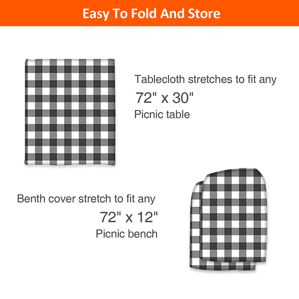 KENOBEE 6ft Picnic Table and Bench Cover, Camping Essentials RV Gear, 72in Waterproof Windproof Outdoor Elastic All Around Tablecloth, Fitted Rectangle Tables and Seats, Black-White Checkered