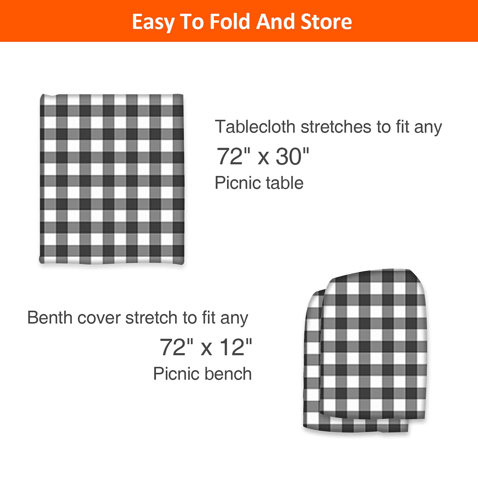 KENOBEE 6ft Picnic Table and Bench Cover, Camping Essentials RV Gear, 72in Waterproof Windproof Outdoor Elastic All Around Tablecloth, Fitted Rectangle Tables and Seats, Black-White Checkered