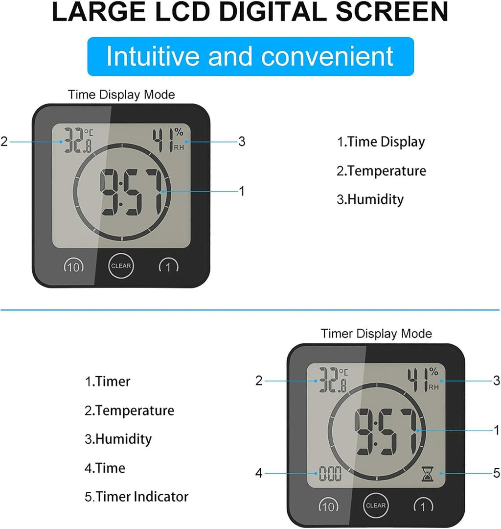 Shower Wall Clock Waterproof Sunsbell Digital Temperature Humidity Display with Suction Cup, Touch Screen Timer for Kitchen Bathroom (Black)
