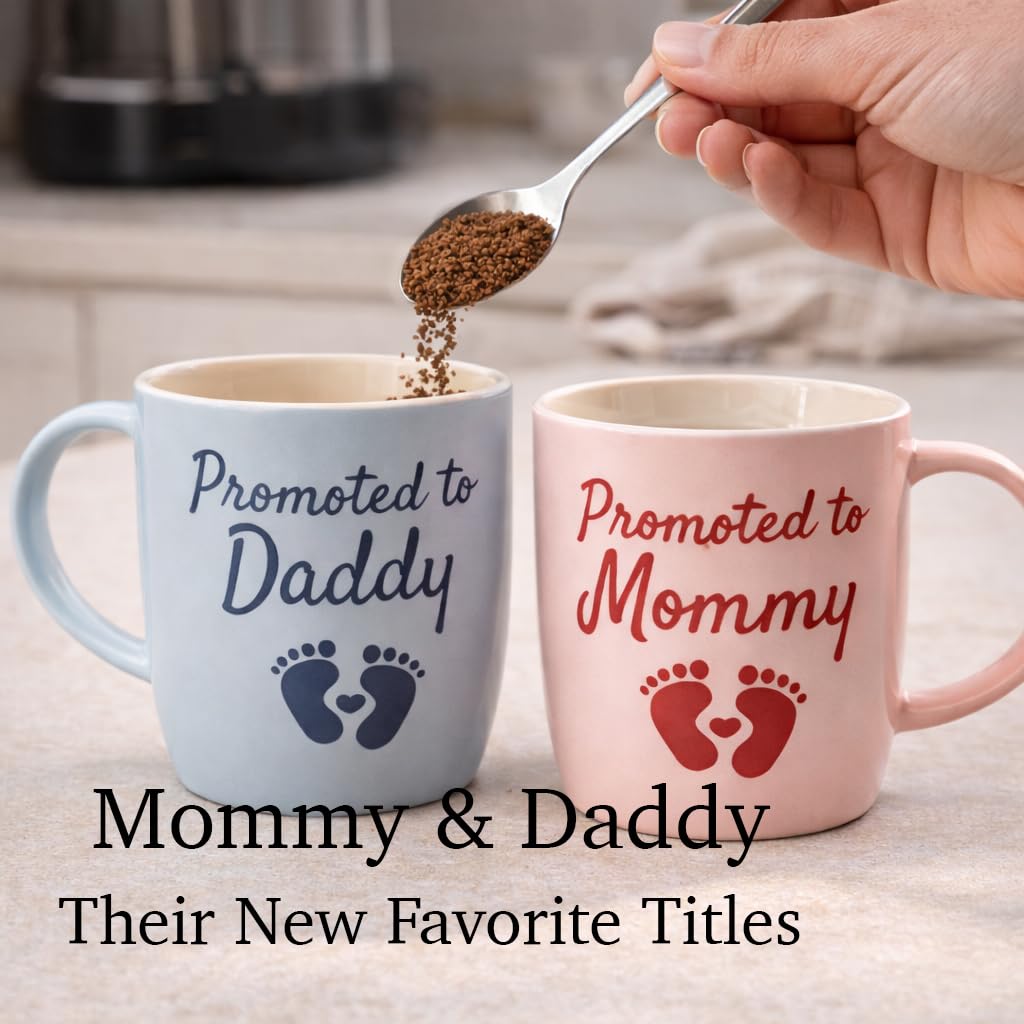 Triple Gifffted Promoted to Mommy and Daddy Coffee Mugs Set, Pregnancy Announcement Gifts for New Parents, Baby Reveal, Baby Shower, First Time Mom Dad Gift, Christmas Day Surprise, 13oz Ceramic