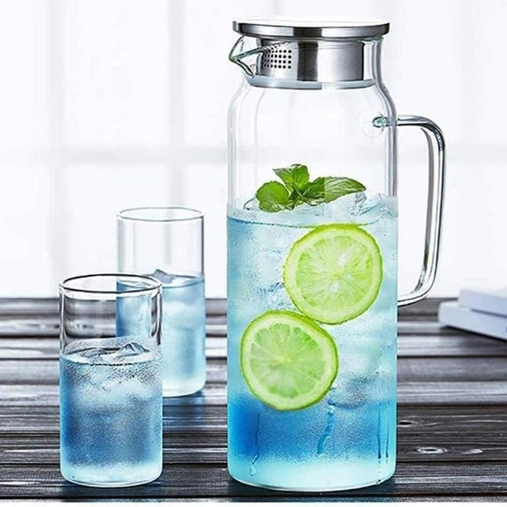 Sharemee - Glass Water Pitcher with Stainless Steel Lid, Wide Mouth with Handle, Easy Pour Spout Water Bottle Carafe Flask Glass Container, Good Heat Resistance Juice Jar Tea Infuser, 1200ml/42oz