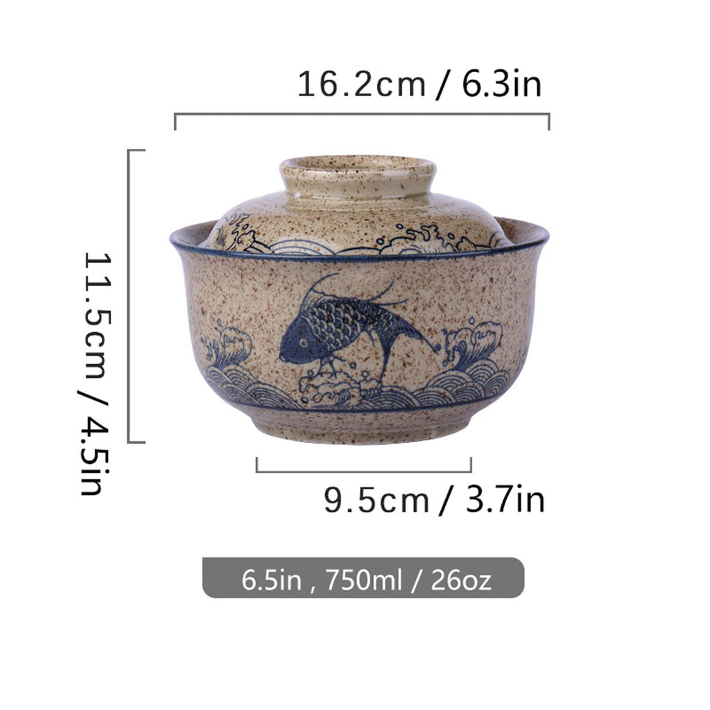800ml Ceramic Ramen Bowl Set with Lid, Spoon and Chopsticks, Large Soup Bowls Japanese Vintage Instant Noodle Bowl Asian Tableware (Fish * 1)