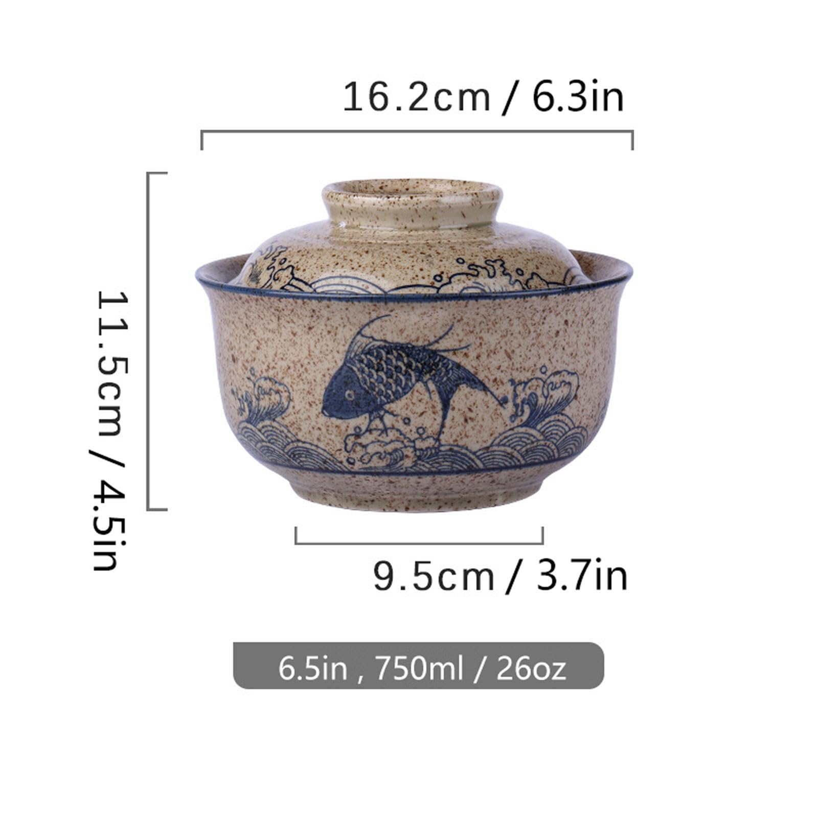 800ml Ceramic Ramen Bowl Set with Lid, Spoon and Chopsticks, Large Soup Bowls Japanese Vintage Instant Noodle Bowl Asian Tableware (Fish * 1)