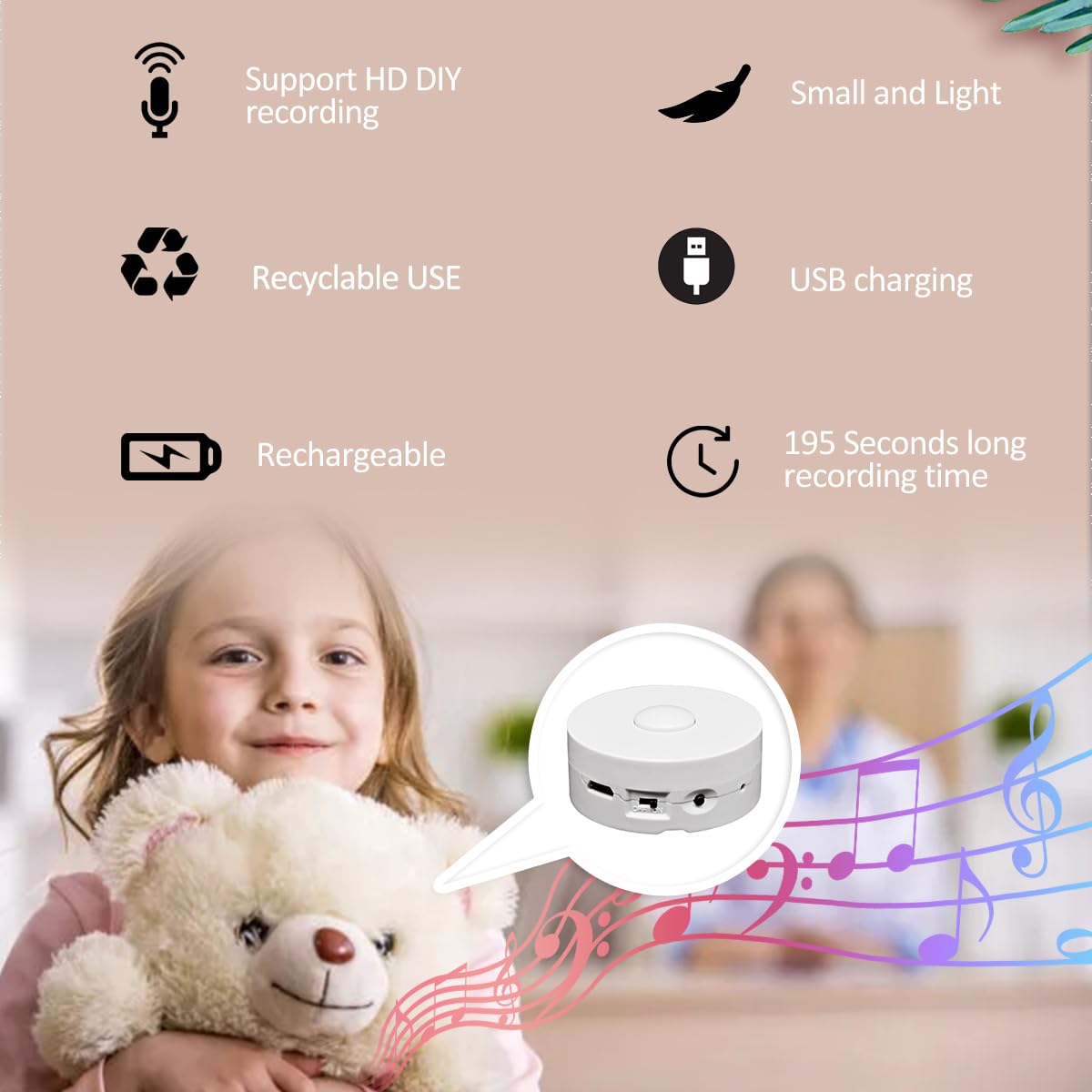 XLW 195 Seconds Message Voice Recorder, Voice Recording Button Record Custom Messages for Crafts, Stuffed Bear, Baby Doll,Pillow and Xmas Halloween New Year Birthday Presents White-2P