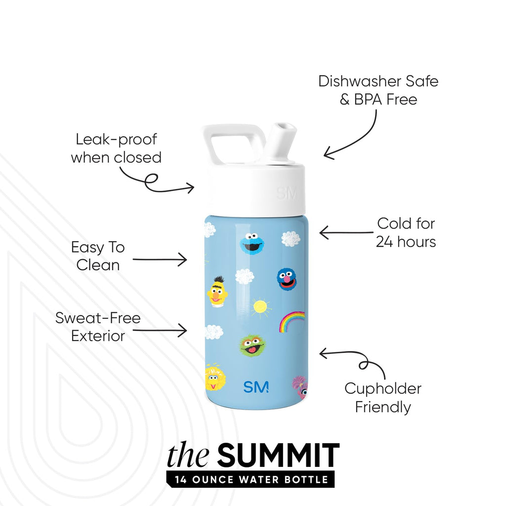 Simple Modern Sesame Street Kids Water Bottle with Straw Lid | Insulated Stainless Steel Reusable Tumbler for Toddlers, Boys | Summit Collection | 14oz, Sesame Street Pals