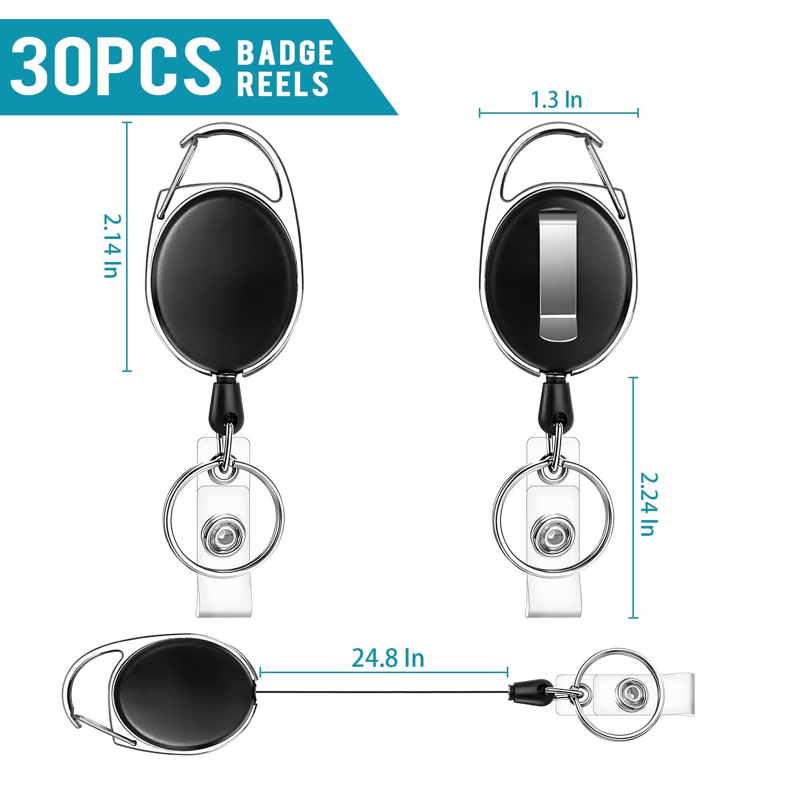 JEFURE 30 Pcs Badge Reel, ID Badge Holder Retractable Clip, Retractable Keychain Badge Reel，Badge Clip, Retractable Lanyard for Wear Keys, ID Card, Name Hold