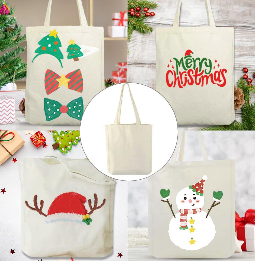 Faylapa 6 Pack Canvas Tote Bags,Heavy Duty Reusable Grocery Shopping Bag 12.2"x14.2" Blank Cotton Bags for Decorating Christmas Crafts DIY Painting (Beige)