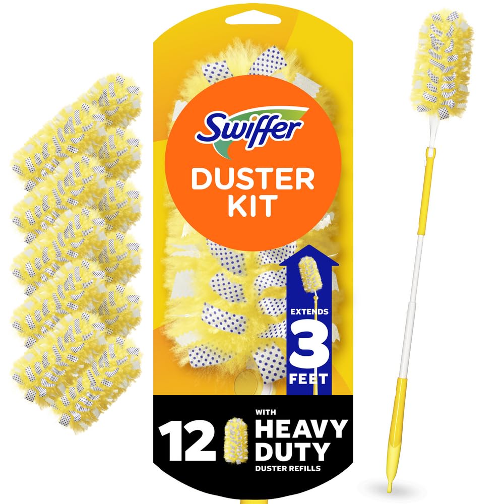 Swiffer Duster Kit with 3 ft Extendable Handle, Heavy Duty Dusting Starter Kit with 12 Refills, for Ceiling Fans, Vents and Hard to Reach Places