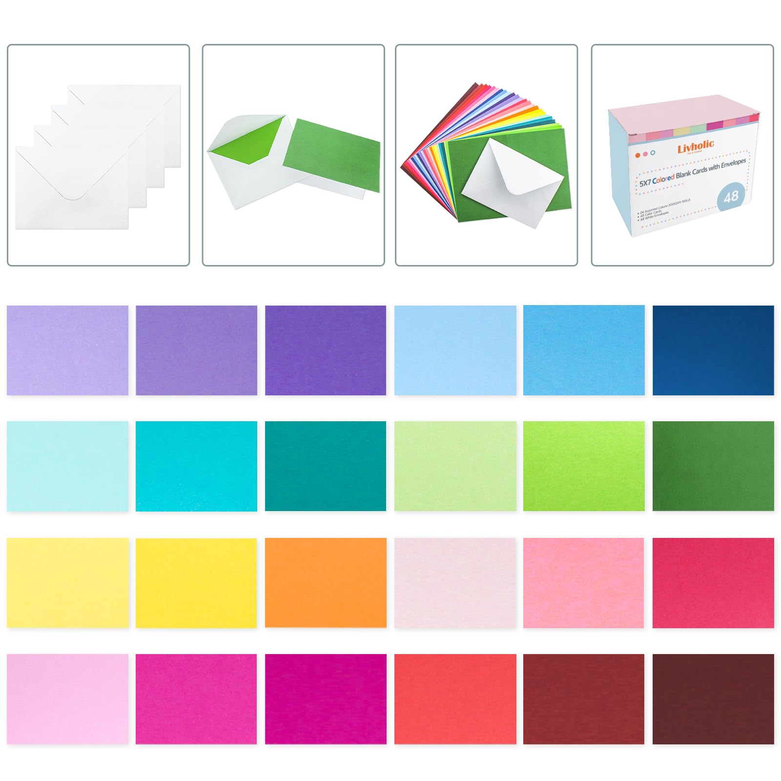 48 Pack Blank Folded Cards and Envelopes Colored Cards White Envelopes 5 x 7 Inch Colorful Greeting Cards 24 Assorted Colors Heavy Weight for Greeting,Invitation,Card Making
