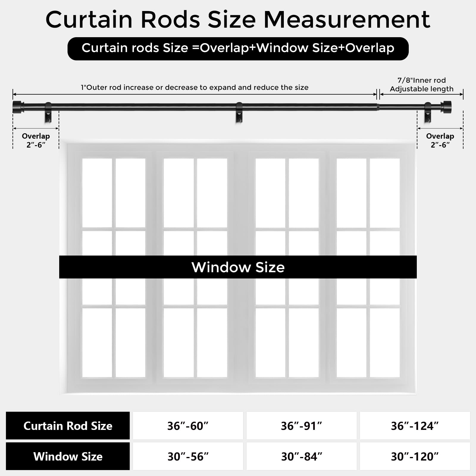 Modern Black Curtain Rods for Windows 48 to 84 Inch, 1" Diameter Adjustable Heavy Duty Window Treatment Rods with Matte Black End Cap Finials, Decorative Drapery Rods, Easy Installation