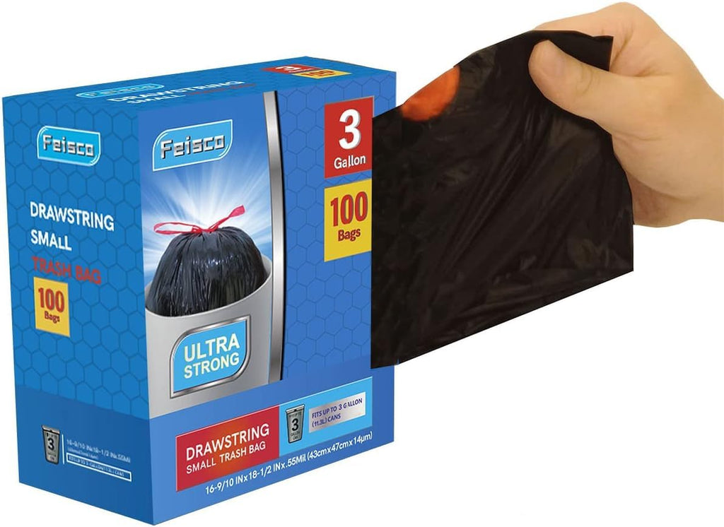 Feisco 3 Gallon Black Trash Bag,11L Drawstring Garbage Bag Trash Can Liner,0.55 Mil,100 Counts
