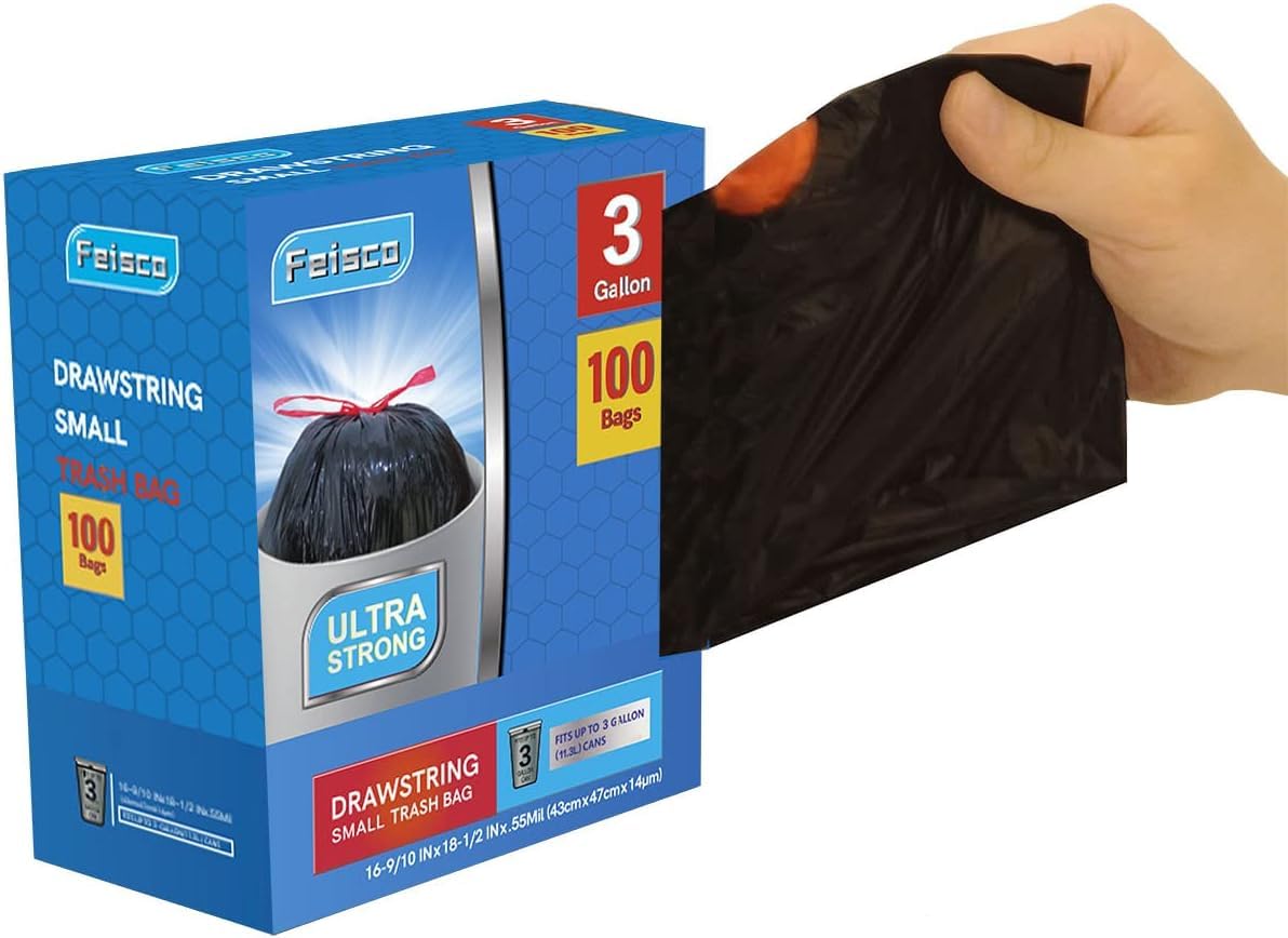 Feisco 3 Gallon Black Trash Bag,11L Drawstring Garbage Bag Trash Can Liner,0.55 Mil,100 Counts