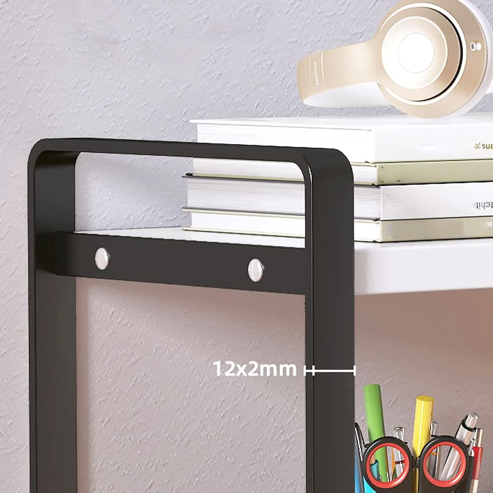 Desktop Organizer Shelf, 2 Tiers Desktop Storage Shelf, Desk Shelf Storage Rack, Metal and Wooden Desktop Countertop Bookshelf, Small Display Shelf for Office, Kitchen, Bedroom, Bathroom, Dorm (White)