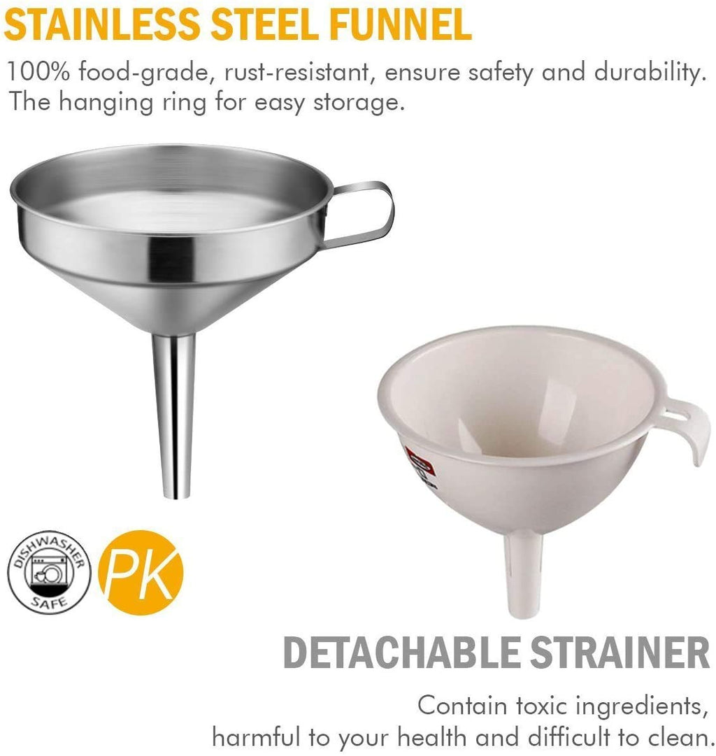 Lakatay Kitchen Funnel, 3 Piece Stainless Steel Funnels Set with Handle Design and Removable Strainer, Great for Transferring of Liquid, Fluid, Dry Ingredients & Powder, Funnels for Filling Bottles