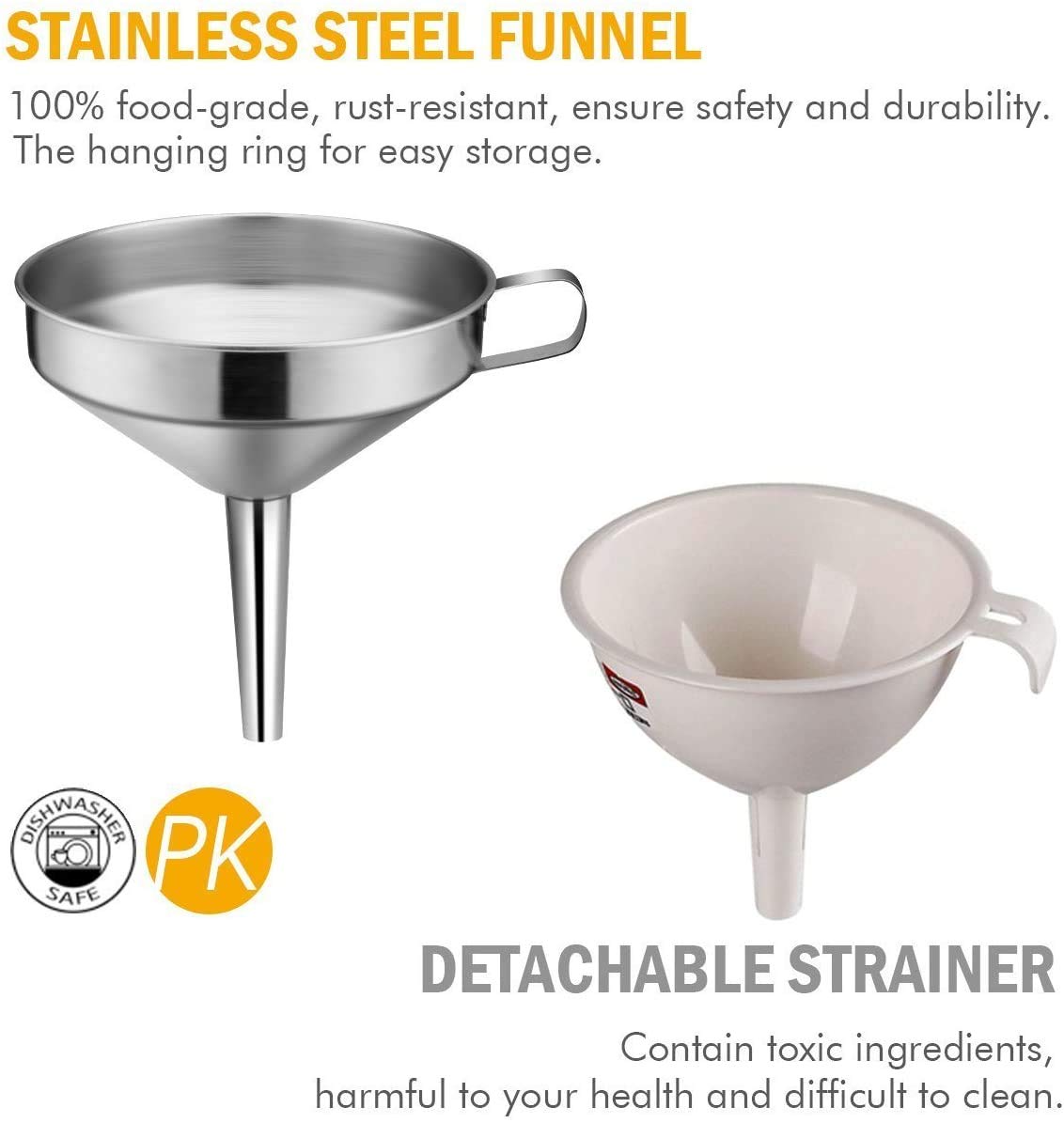 Lakatay Kitchen Funnel, 3 Piece Stainless Steel Funnels Set with Handle Design and Removable Strainer, Great for Transferring of Liquid, Fluid, Dry Ingredients & Powder, Funnels for Filling Bottles