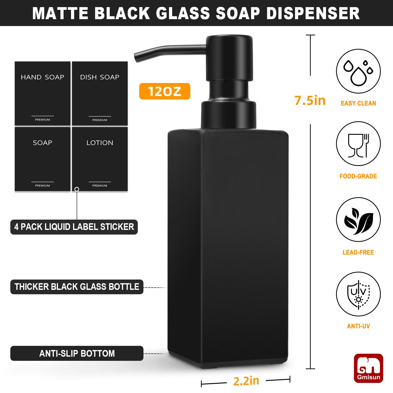 GMISUN Black Soap Dispenser, Hand Soap Dispensers Bathroom, 12oz Glass Soap Dispenser with Stainless Steel Pump, Dish Soap Dispenser for Kitchen, Bathroom/Kitchen Liquid Soap Dispenser Set, 2-Pack