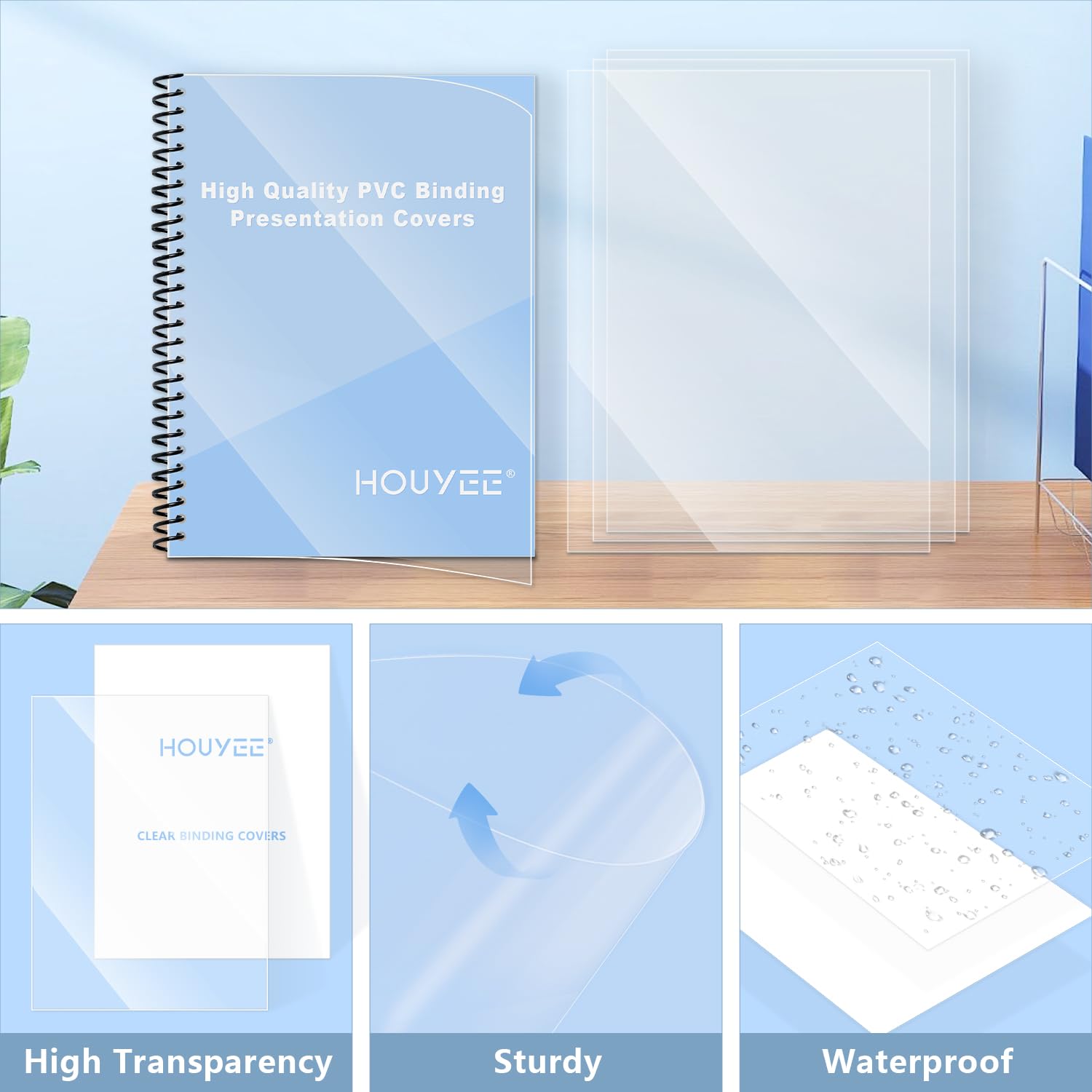 HOUYEE 100 Pack10 Mil Clear Binding Presentation Covers, PVC Report Cover Sheets for Binding, Square Corner, 8.5 x11 Inches, Letter Size