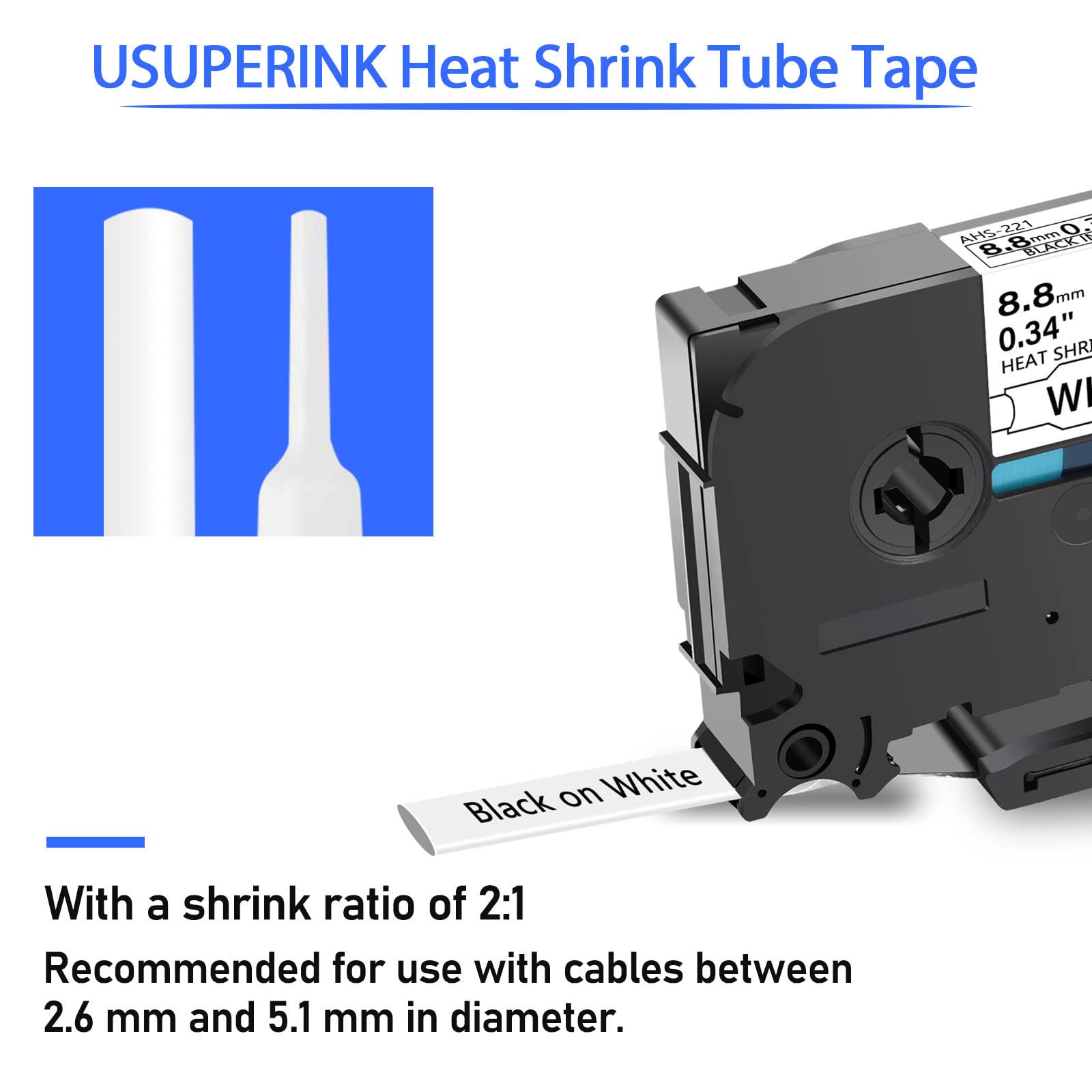 USUPERINK 3 Pack Heat Shrink Label Tape Compatible for Brother Ptouch HSe-221 HSe221 HS-221 HS221 Black on White 8.8mm 0.34'' for Wire Cable use in PT-P710BT P700 P750W P900 Label Printer