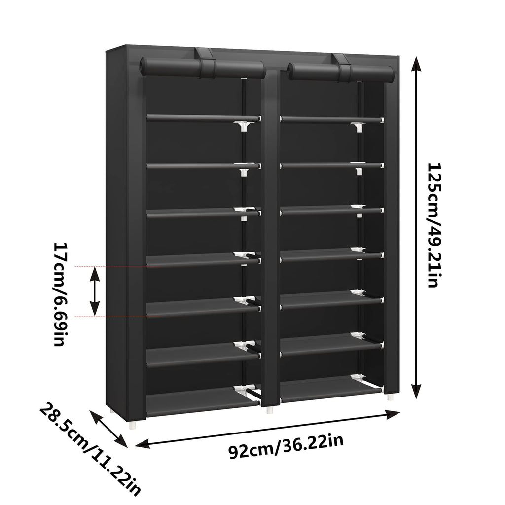 JIUYOTREE 7 Tier Shoe Rack Storage Organizer with Big Capacity,Double Row Shoe Cabinet,Shelf,Closet with Nonwoven Fabric Cover,Black