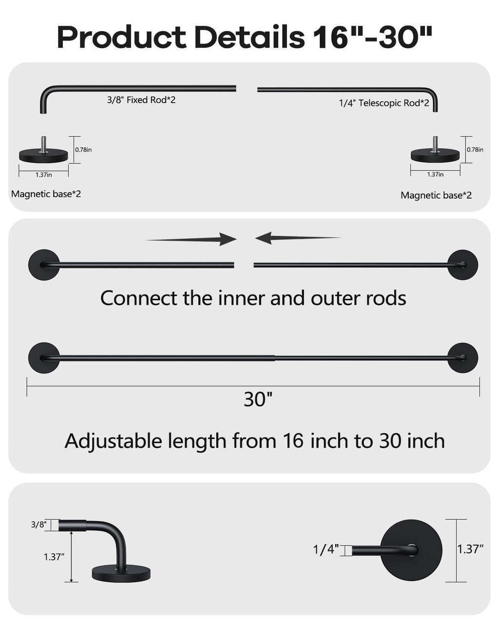 Rodzwin 2 Pack Magnetic Curtain Rod for Metal Door, 16 to 30 Inch Curtain Rods 3/8 Inch Diameter Adjustable Magnetic Curtain Pole Magnet Rods for French Doors Window Metal Doors Cafe(Black, 2Pack)