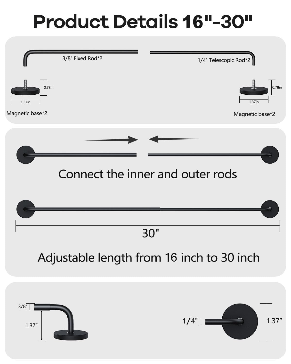 Rodzwin 2 Pack Magnetic Curtain Rod for Metal Door, 16 to 30 Inch Curtain Rods 3/8 Inch Diameter Adjustable Magnetic Curtain Pole Magnet Rods for French Doors Window Metal Doors Cafe(Black, 2Pack)